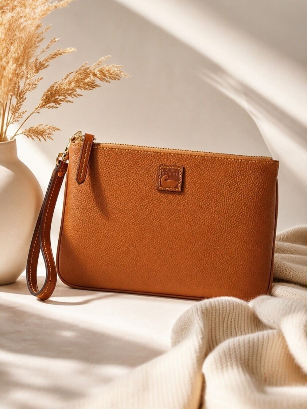 Dooney & Bourke Pebble Grain Large Wristlet Caramel Leather NWT Clutch